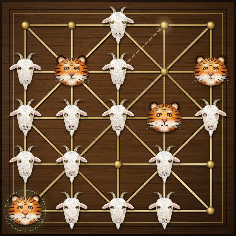 Bagh-Chal board mid-game: four tigers surrounded by white goats on a carved wooden board with brass lines