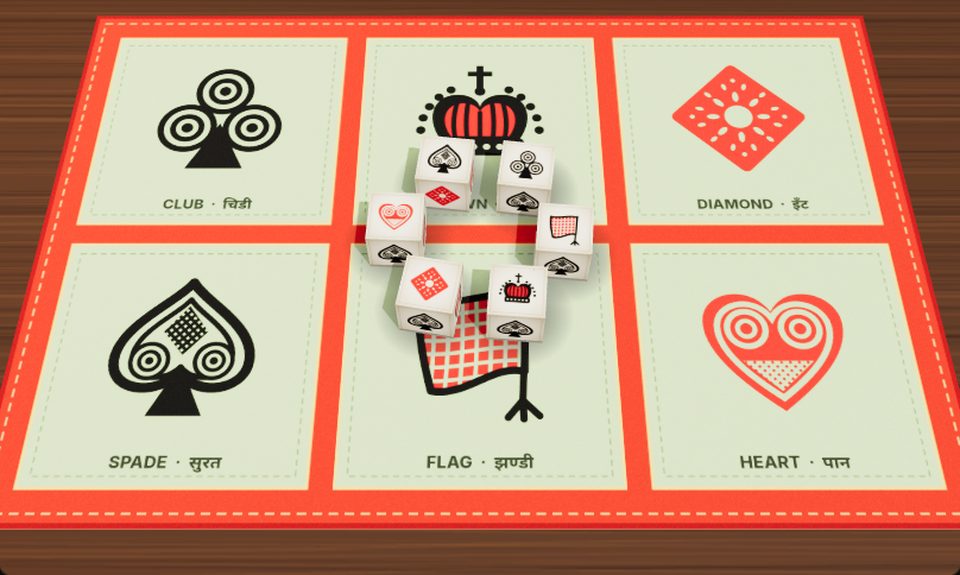 Langur Burja mat with six dice showing crown, flag, heart, spade, diamond and club symbols